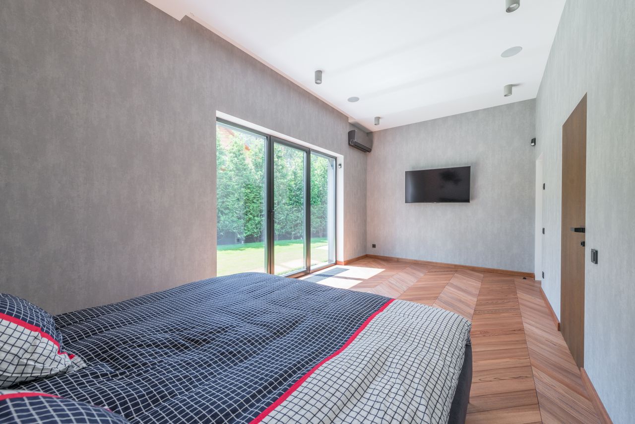Sliding glass door in a family bedroom