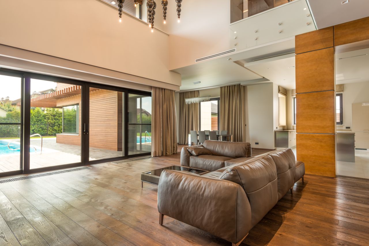 Sliding glass doors in a newly built great room